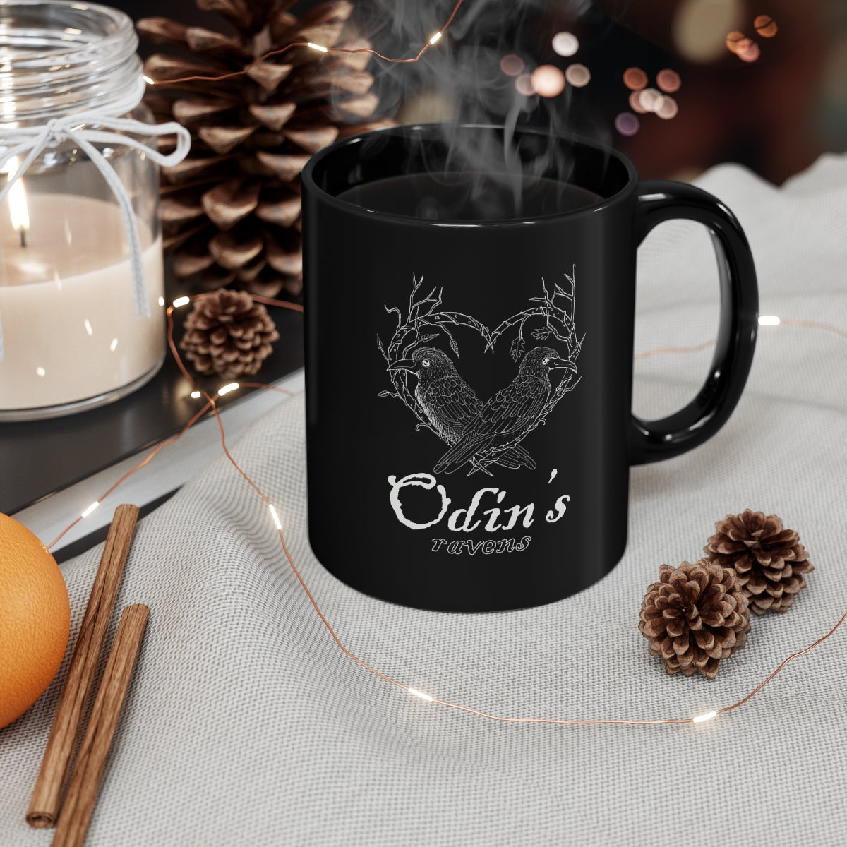 Odin's Ravens with Text11oz Black Mug